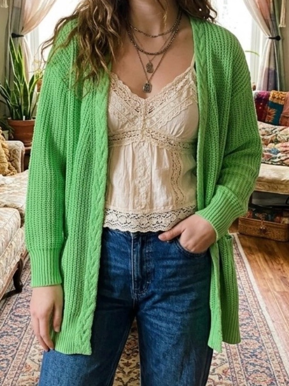 Listicle Green Open-Front Knit Cardigan With Pockets Size Large